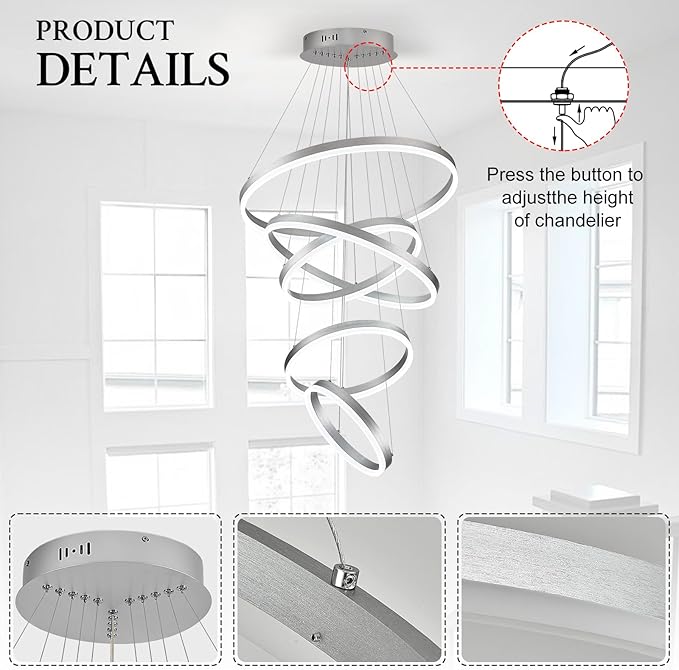 Modern LED Chandelier for Foyer Dimmable Silver High Ceiling Chandeliers Foyer with Remote Control for Entryway Dining Room Living Room Staircase, 3000K-6500K(5-Rings D23.6’’)