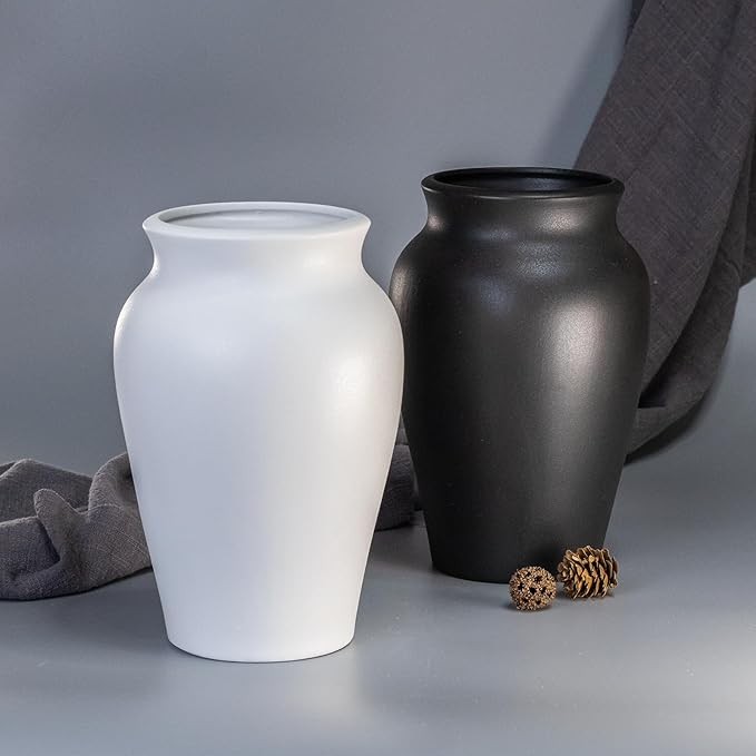 Ceramic Vase for Home Decor, 9 Inch Wide Mouth Pottery Vase, Vintage Farmhouse Boho Neutral Terracotta Rustic Decor for Living Room, Entryway, Floor, Mantel Decoration（White）