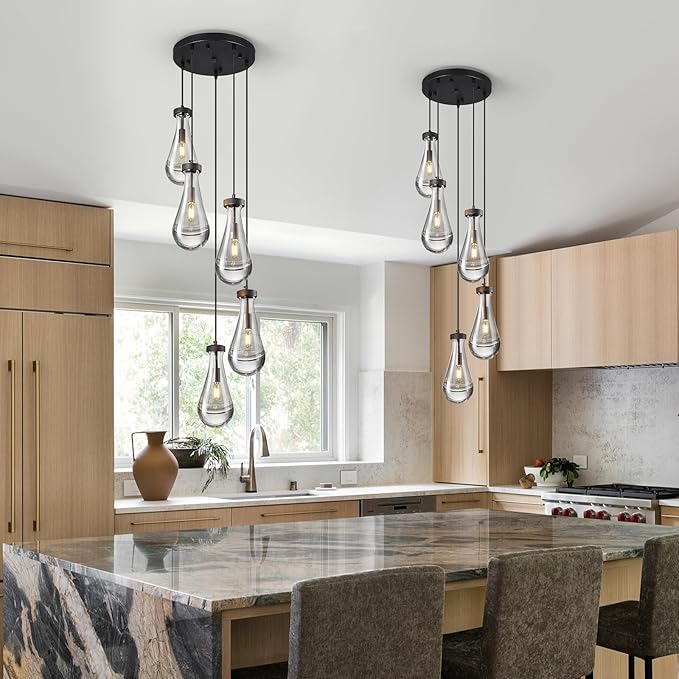 Raindrop Pendant Lights Kitchen Island Teardrop Black Hanging Light Fixtures Clear Solid Glass Pendant Light Modern Chandeliers for Dining Room Porch Corridor Living Room(5-Light)