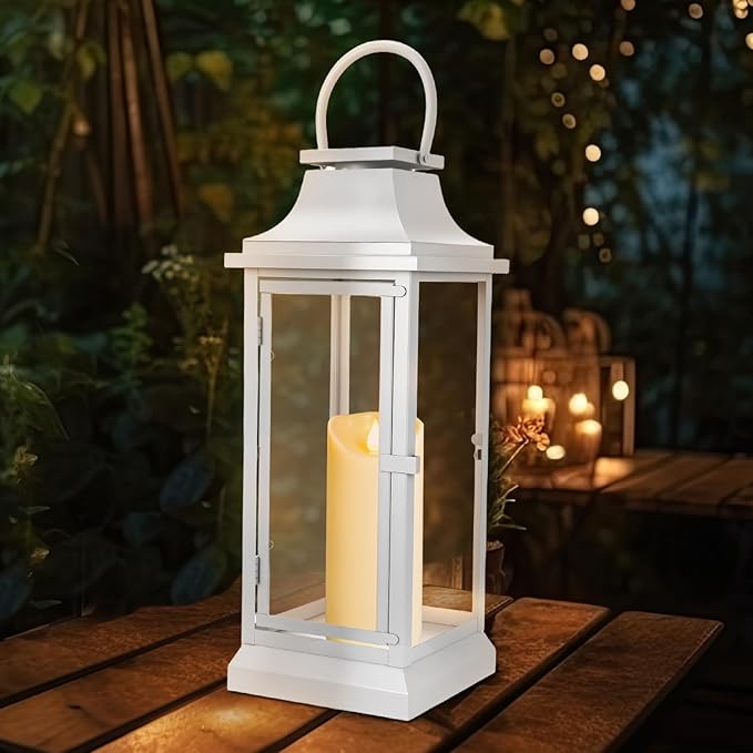 Nuogo 25 Inch Large Metal Lanterns with Glass Panels White Hanging Vintage for Table Porch Home Party Decor Gift Indoor Outdoor, Candle Not Includes