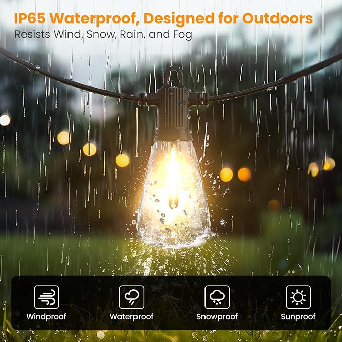 Kawaya Outdoor String Lights for Patio - ST38 Outside IP64 Waterproof Hanging Light with 2700k~6000k Dimmable - 100FT Led Edison Lights for Cafe Bistro Yard Gazebo Porch