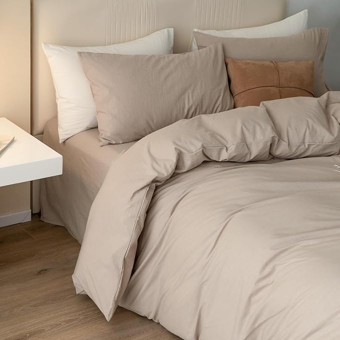 JIYUAN 100% Washed Cotton Duvet Cover Set 3 Pieces King, 1 Duvet Cover 104x90 Inches(Comforter Not Included) and 2 Pillowcases,Linen Feel Bedding Set Comfy and Breathable, Heathered Warm Taupe