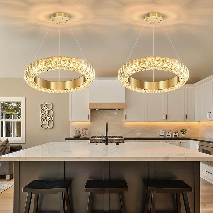 16" Ring Modern LED Dimmable Crystal Chandelier Adjustable Height Pendant Light Round Crystal Chandelier Light Fixtures for Dining Room Living Room Kitchen Island Gold