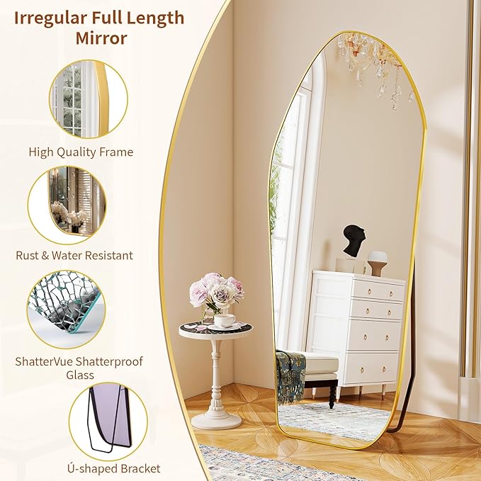 BEAUTYPEAK Irregular Full Length Mirror - 67x24 Inch Gold Framed Modern Mirrors, Unique Shape Vanity Wall Mirror for Living Room Bedroom Entryway Hallway