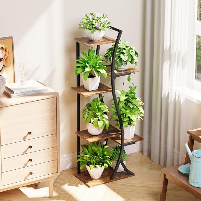 6 Tiered Plant Stand with Grow Light Indoor, 44.5" Corner Plant Shelf for Indoor Plants Multiple, Curved Design Flower Stand Display Holder Rack for Living Room, Patio, Balcony Decor