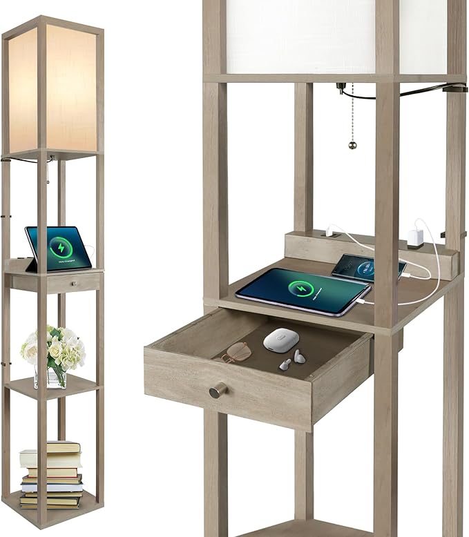 OUTON Deluxe Shelf Floor Lamp with 1 Drawer, 2 USB-C Ports, 2 AC Outlets, LED Modern Floor Lamp with 3 Color Temperature, Storage Display Wood Standing Lamp for Living Room, Bedroom, Office (Grey)