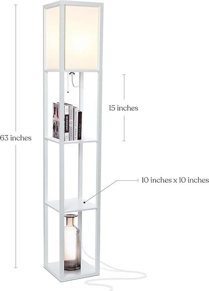 Brightech Maxwell - Modern Shelf Floor Lamp with Lamp Shade and LED Bulb - Corner Display Floor Lamps with Shelves for Living Room, Bedroom and Office - White