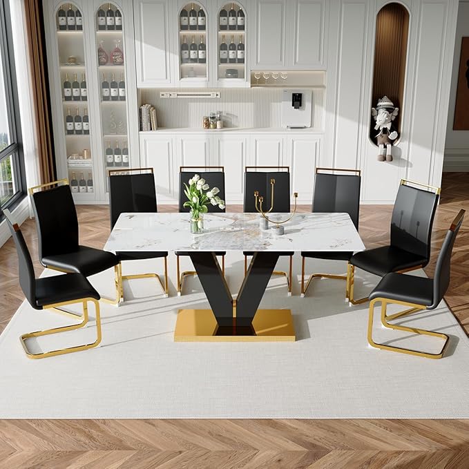 71'' Dining Table Set for 8,Marble Dining Table Set,Modern Kitchen Table with 8 PU Leather Chairs,Gold Dining Room Table Set with V-Shaped Black Glossy Pillars,Ideal for Kitchen Dining Room