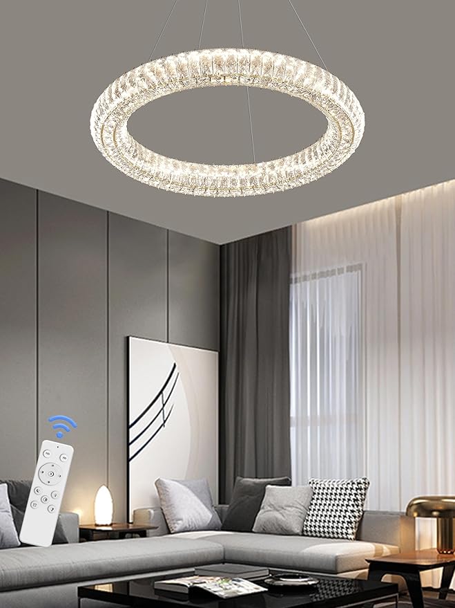 Modern Crystal Chandelier Dimmable LED 23.6" Ring Pendant Light Adjustable Round Gold Crystal Chandelier Light Fixtures for Dining Room Living Room