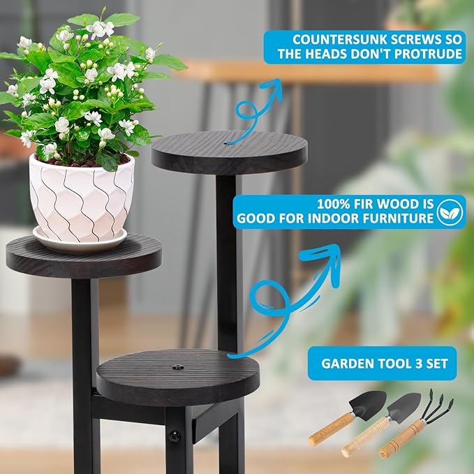 3 Tier Wood Plant Stand Indoor, Metal Iron Tiered Plant Stands Corner Plant Holder Flower Shelf Display Rack For Living Room Balcony Garden Patio (Black)