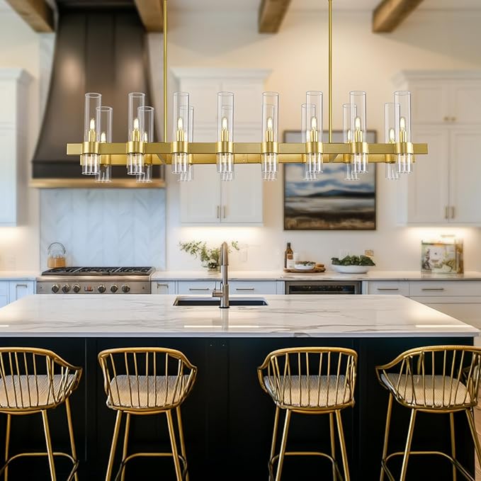 Modern Gold Linear Chandelier for Dining Room, 54'' Rectangular Dining Chandeliers Over Dining Table 16 Light, Linear Chandelier Lighting Fixture with Glass over Kitchen Island, Includes Bulbs
