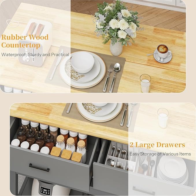 47.3" Solid Rubberwood Kitchen Island with Power Outlets - Extra Large Work Surface, 2 Drawers & Open Shelves Storage Cabinet for Kitchen Dining Room, Farmhouse Style (Grey)