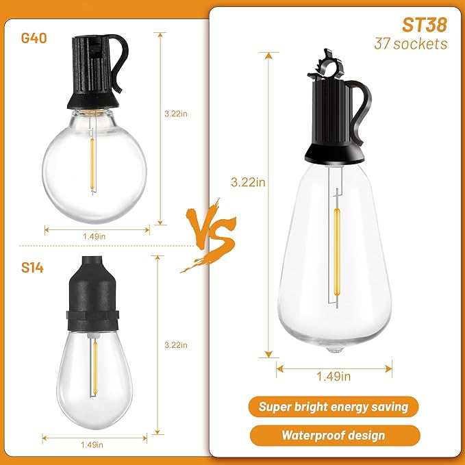 100FT Dimmable Waterproof Outdoor String Lights with Remote, 52 Shatterproof ST38 Vintage Edison Bulbs for Porch, Deck, Garden, Backyard, Balcony