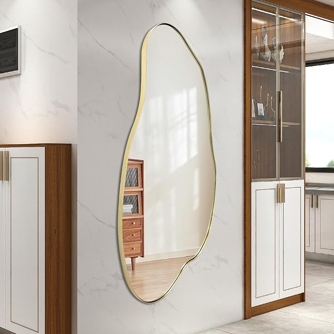 Large Irregular Mirror, 51.1"x25.59" Asymmetrical Mirrors, Abstract Wall Mirror Decorative, Gold Wavy Shaped Mirrors for Living Room Bathroom Bedroom Hallway Entryway Fireplace