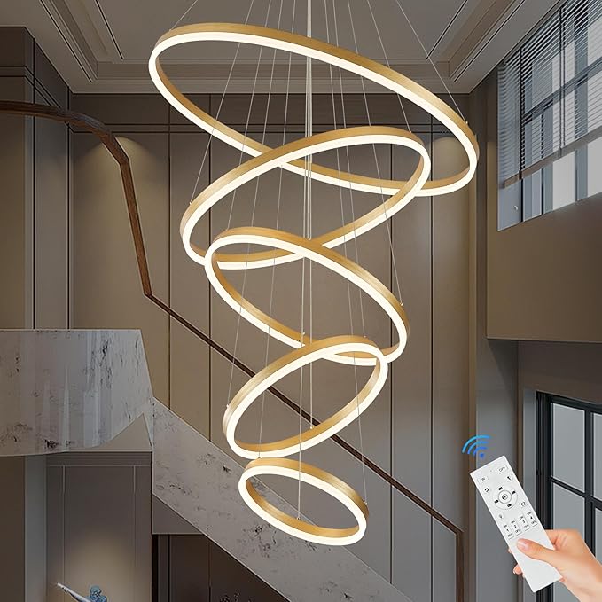 5-Rings D31.5’’ Modern LED Chandelier Gold Dimmable High Ceiling Chandeliers Foyer with Remote Control for Entryway Living Room Dining Room Staircase, 3000K-6500K