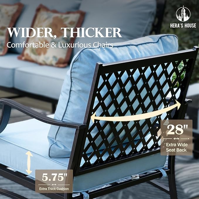 HERA'S HOUSE 6 Piece Patio Furniture Set, 4 x Fixed Metal Cushioned Chair, 1 x 3-Seat Sofa with Marbling Coffee Table, All Weather Outdoor Conversation Set for Lawn Garden Backyard, Blue