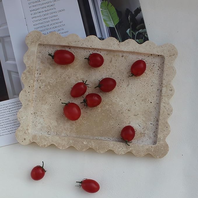 Natural Luxury Scalloped Marble Tray 10.8"x8", Rectangle Vanity Tray for Bathroom Kitchen Counter, Decorative Tray for Dresser Home Decor - Beige Travertine