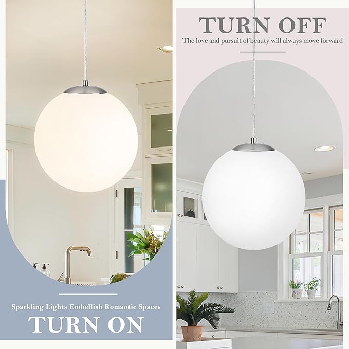 KoKo&Yukina 10 Inch Pendant Light Nickel Globe Pendant Lights Kitchen Island Mid Century Light Fixture Adjustable Globe Cluster Lights with Milky White Glass Shade for Dining Room Living Room
