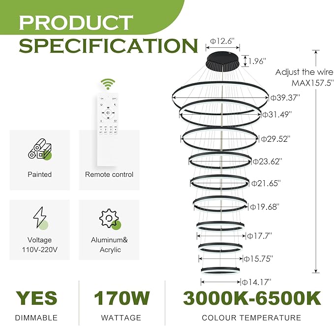 9 Rings Modern LED Chandelier Black Dimmable Large Foyer Chandeliers Entryway High Ceiling for Staircase, High Ceiling Pendant Lights for Entryway Living Room, 3000K-6500K CCT