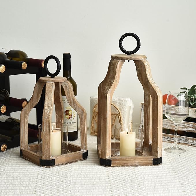 SWALLOWLIVING Rustic Farmhouse Wood Candle Hurricane Lantern with Glass Candlestick Holder for Patio, Table Centerpiece, White Wash, Set of 2