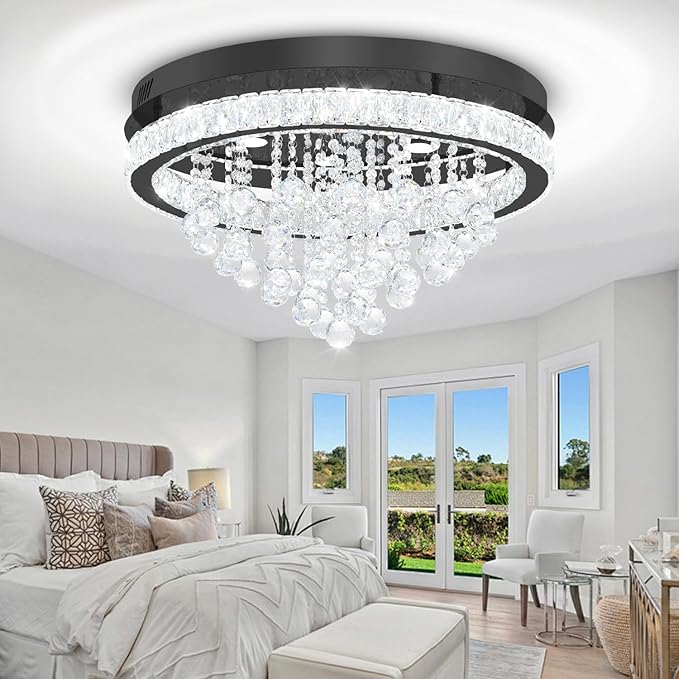 24" Modern Crystal Chandeliers for Dining Room Black Ceiling Chandelier Flush Mount Crystal Ceiling Light for Bedroom Living Room Hallway