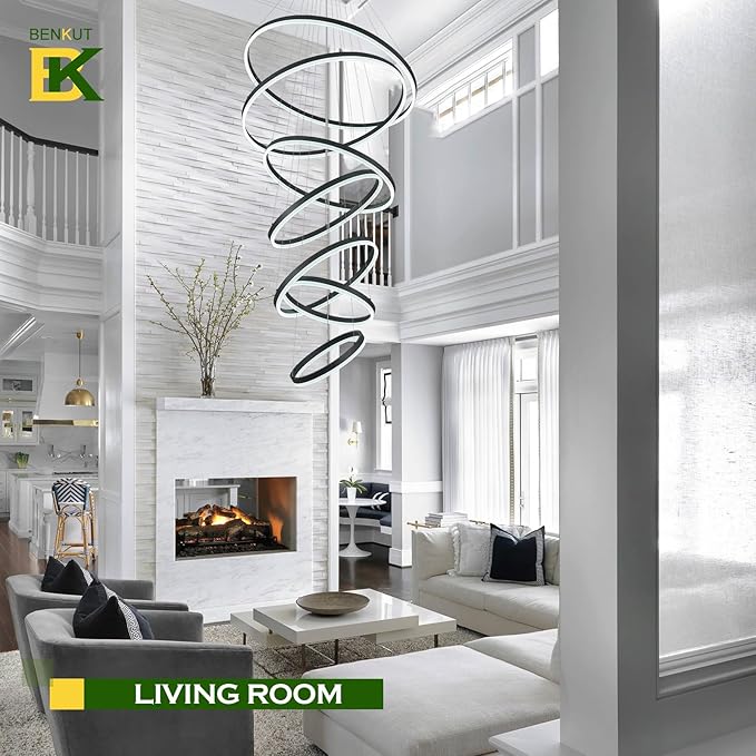 7 Rings Modern LED Chandelier Black Dimmable Large Foyer Chandeliers Entryway High Ceiling for Staircase, High Ceiling Pendant Lights for Entryway Living Room, 3000K-6500K CCT