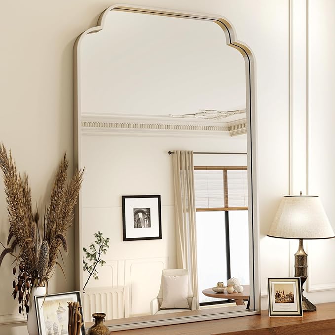 30" x 48" Silver Arch Bathroom Mirror, Wall Mounted Vanity Mirror with Metal Frame, Modern Decorative Scalloped Wall Mirror for Sink, Bedroom, Living Room, Entry, Farmhouse Home