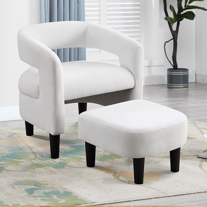 INZOY Modern Accent Chair with Ottoman for Small Space, Club Chair with Ottoman Set, Comfy Fabric Barrel Reading Chairs for Living Room Bedroom, Round Reading Chair with Foot Rest, White