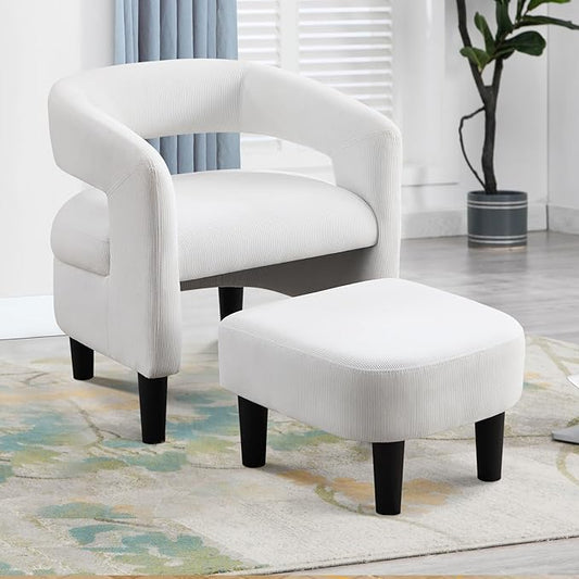 INZOY Modern Accent Chair with Ottoman for Small Space, Club Chair with Ottoman Set, Comfy Fabric Barrel Reading Chairs for Living Room Bedroom, Round Reading Chair with Foot Rest, White