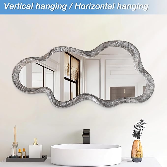 Asymmetrical Mirror Large Irregular Wall Mirror Modern Wood Frame Unique Artistic Mirrors Cute and Stylish Cloud Wavy Mirror Decorative for Cloakroom Bedroom Living Room Bathroom Entryway White