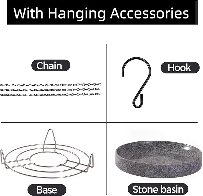 Stone Bird Baths for Outdoors,10inch Birds Bath Bowl with Hanging Accessories,Ground Bird Feeders and Birdbath Bowl, Bird Water Bowl for Balcony, Patio, Garden or Yard,Grey White