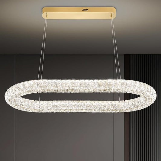 Oval Crystal Chandelier, 40'' Gold Crystal Ring Pendant Light for Kitchen Island Modern Linear Oval Chandeliers for Dining Room Dimmable 3000K-6000K