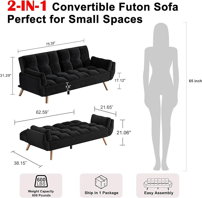 Futon Couch for Small Spaces & Apartment, 2-in-1Modern Comfy Loveseat Convertible Sofa Bed, 75.4-Inch Compact Design for Living Room, Dorms, and Studios-Black