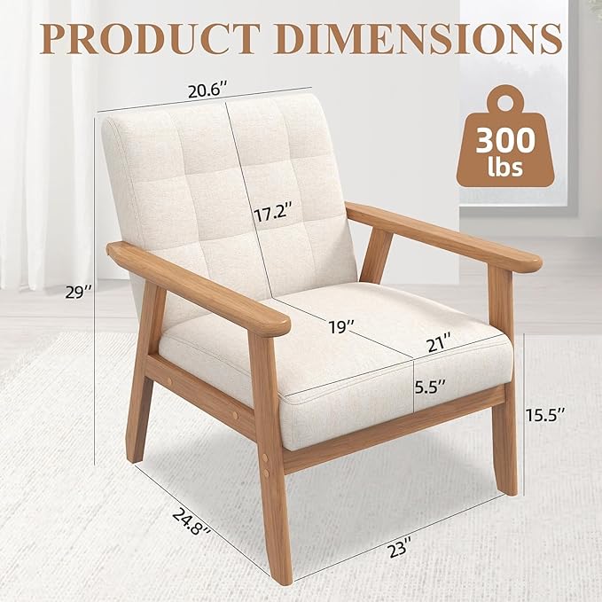 Westice Accent Chair 1PC, Mid-Century Modern Living Room Chairs with Solid Wood Frame & Soft Thicken Cushion, Upholstered Reading Arm Chair for Bedroom, Balcony, Beige Linen Fabric & Natural Legs