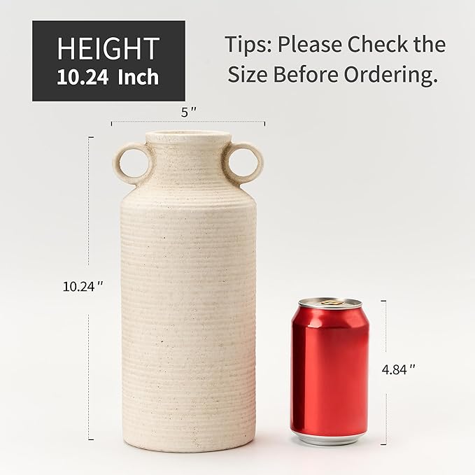 Ceramic Rustic Vase with 2 Round Handles, Antique Farmhouse Flower Vase, Vintage Terracotta Vases for Home Decor, Wedding, Living Room, Table, Shelf Decor - 10.2 Inch Tall, White