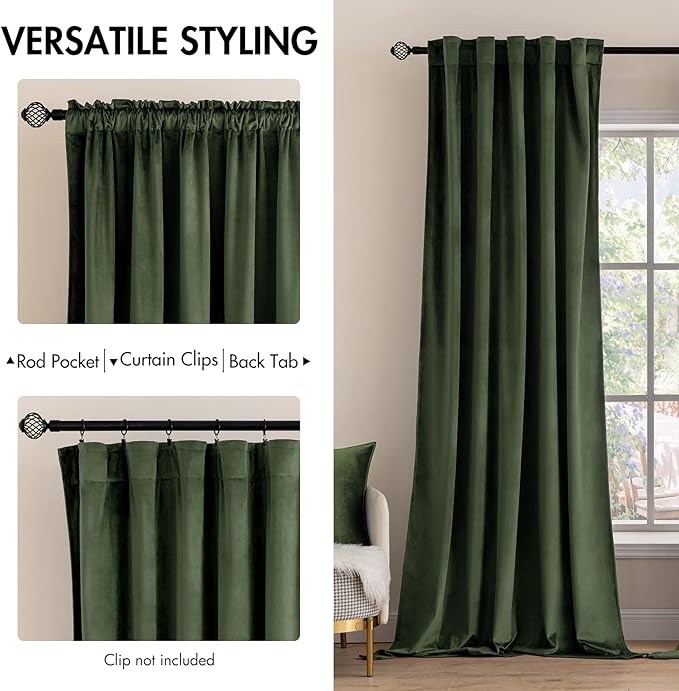 MIULEE Velvet Curtains 90 inches 2 Panels - Luxury Room Darkening Curtains for Bedroom Living Room Thermal Insulated Super Soft Window Drapes Rod Pocket & Back Tab, Olive Green, W 52 x L 90 inch