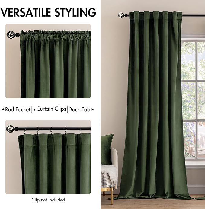 MIULEE Velvet Curtains 66 Inch Wide - Extra Wide Luxury Room Darkening Curtains for Sliding Door Bedroom Living Room Thermal Insulated Window Drapes Back Tab, Olive Green, W 66 x L 84 inch 2 Panels