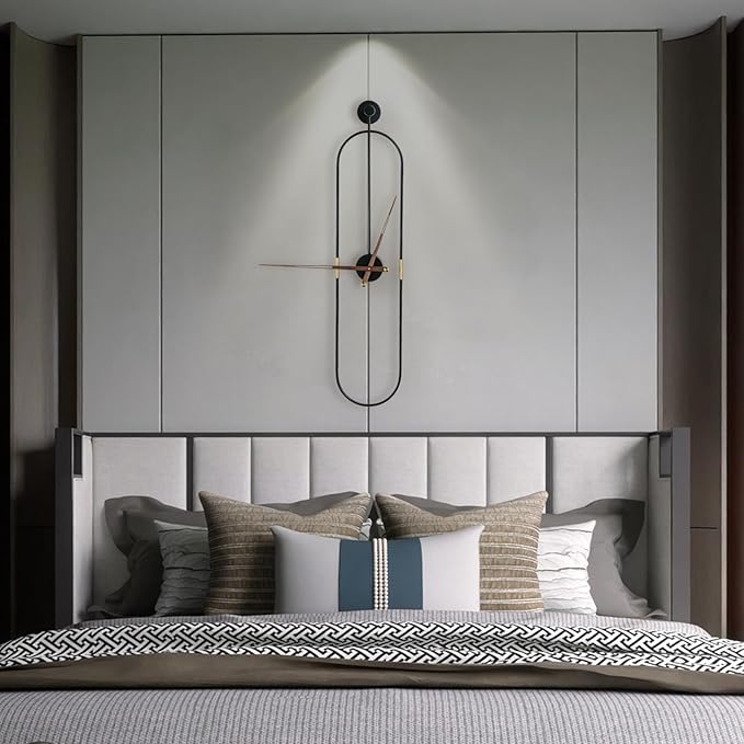 Modern Oval Wall Clock Large Wall Clock with Walnut Pointers for Living Room Home Decor Bedroom Kitchen Office (Oval Black, Large)