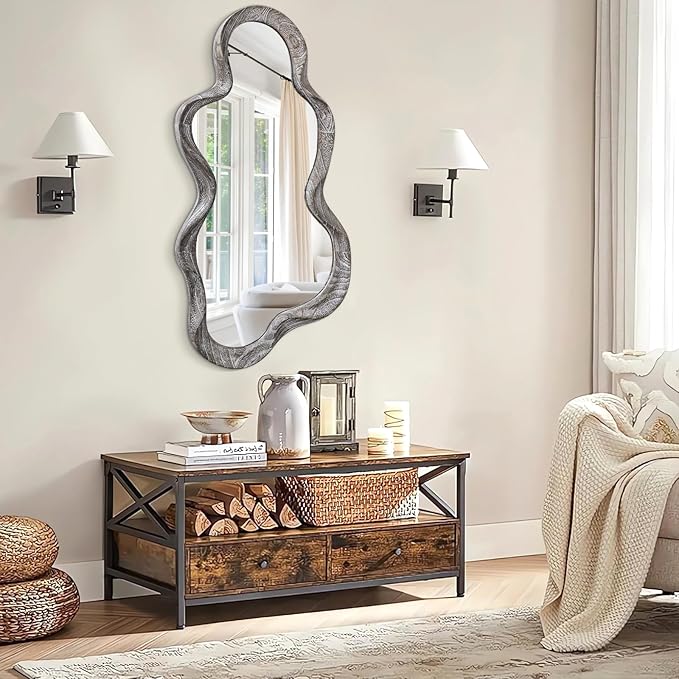Asymmetrical Mirror Large Irregular Wall Mirror Modern Wood Frame Unique Artistic Mirrors Cute and Stylish Cloud Wavy Mirror Decorative for Cloakroom Bedroom Living Room Bathroom Entryway White
