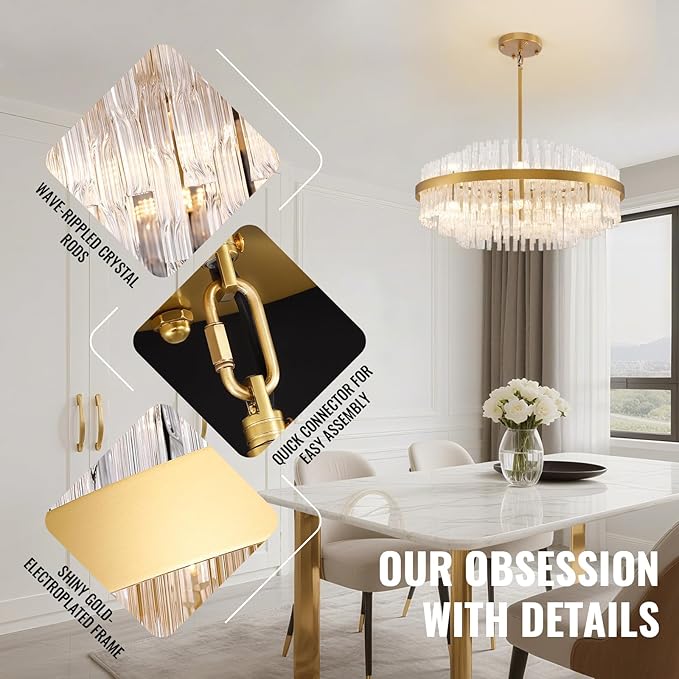 Siljoy 31.5 Inch Gold Round Chandelier, Modern Gold Crystal Chandelier with Raindrop Wave Glass Rods, Luxury 3-Way Dimmable LED Pendant Light Fixture for Living Dining Room Kitchen Island, G9 x 16