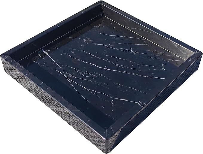 Square Natural Marble Vanity Tray: Luxury 8x8 Polished Organizer for Bathroom Kitchen Dresser Makeup Jewelry Coffee Table Home Decor, Black