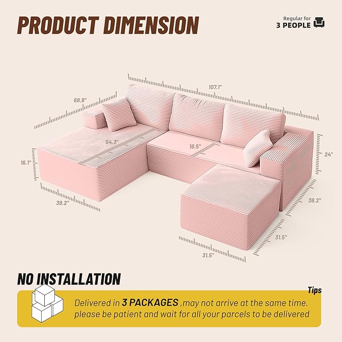 107" Boneless Couch with Deep Seat, Modular Sectional Sofa, Cloud Sectional Couch for Living Room, No Assembly Required, Corduroy, U-Shape 3 Seater Left, Pink