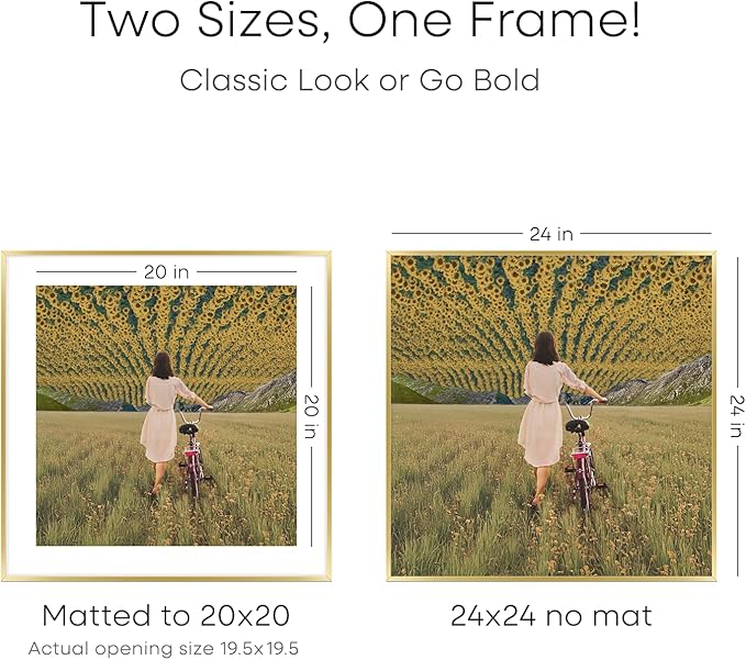 Homeforia 24x24 Gold Square Frame, High End Metal 24 x 24 Large Gold Poster Frames with Mat 20 by 20 for Photo, 24by24 Thin Picture Frame Matted to 20x20 inch Print, Tempered Glass, Wall Kit, Set of 1