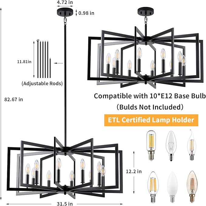 Black Chandelier for Dining Room, 10-Light Kitchen Chandelier Light Fixture Modern Metal Industrial Large Chandeliers for Farmhouse Entryway Living Room (E12 Bulbs Not Included)