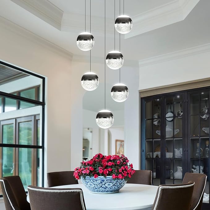 6-Lights Globe Pendant Light Modern Crystal Pendant Chandelier Black Globe Chandeliers for Kitchen Island, Hanging Light Fixture for Dinning Room Bedroom