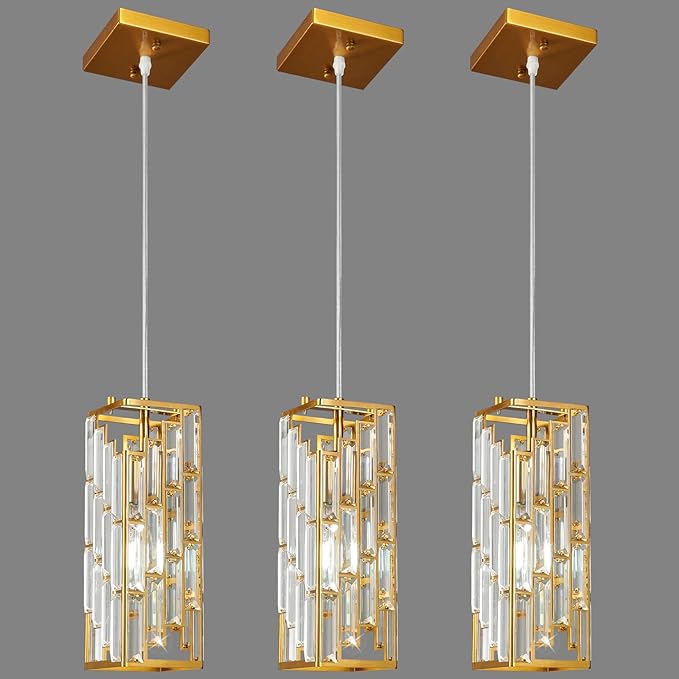Gold Pendant Lighting Modern Pendant Light, Mini Crystal Chandeliers,Adjustable Pendant Light Fixture for Kitchen Island Dinning Room Bedroom (3 Pack)