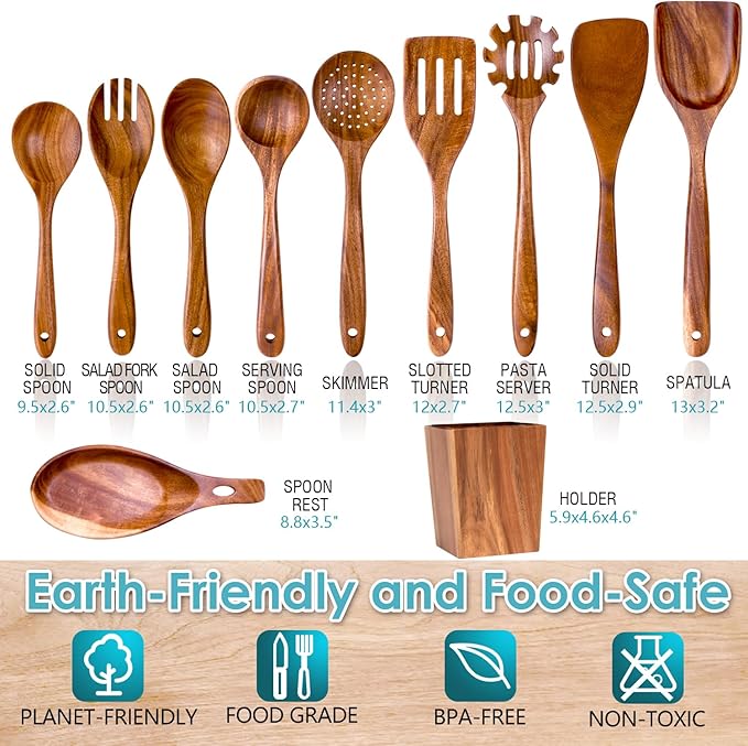Wooden Cooking Utensils Set for Kitchen – 11-Piece Acacia Wood Spoons and Spatulas with Holder and Spoon Rest, Durable Wooden Spoons for Cooking, Nonstick Cookware Safe by Howhong