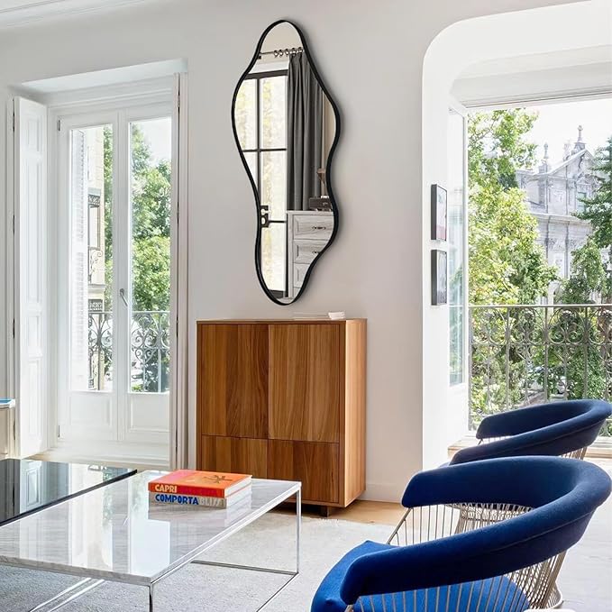 Irregular Wall Mirror, Large Asymmetrical Mirrors, 47"x22" Wavy Shaped Mirror with Metal Frame, Modern Decorative Abstract Mirrors for Living Room Bathroom Bedroom Hallway Entryway