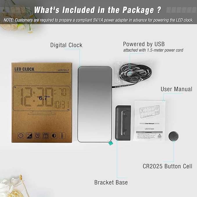 KOSUMOSU Digital Alarm Clock 6.7in Black Clock for Bedroom, Dual Alarm, Date, Seconds,Day of Week,12/24h,Dimming, Temp, Desk Clock, LED Clock for Living Room, Calendar Digital Clock