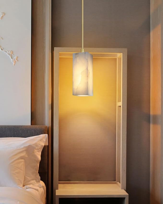 1 Light Modern Industrial Farmhouse Hanging Kitchen Island Pendant Ceiling Light Fixture,Square Cylinder Natural Alabaster Marble Brushed Bronze Finish Over Sink Restaurant bar Corridor